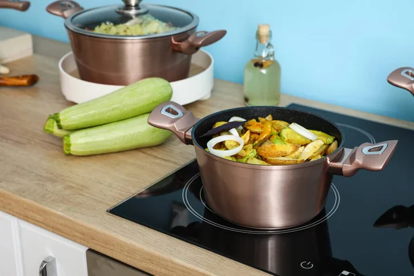 Cooking Pot Vegetable Stew Stove Color Wall — Stock Photo, Image