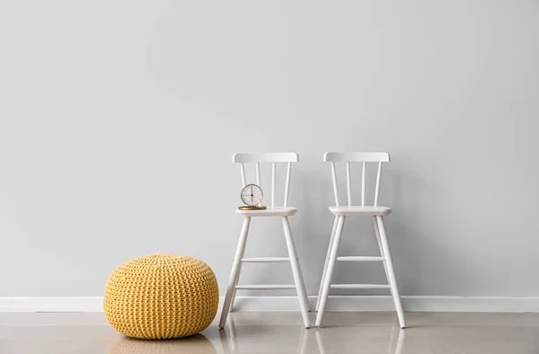 Comfortable Pouf Chairs Alarm Clock Light Wall — Stock Photo, Image