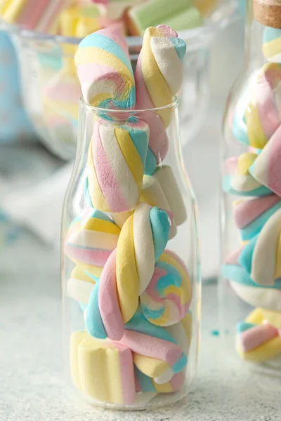 Bottle Tasty Marshmallows Light Background Closeup — Stock Photo, Image