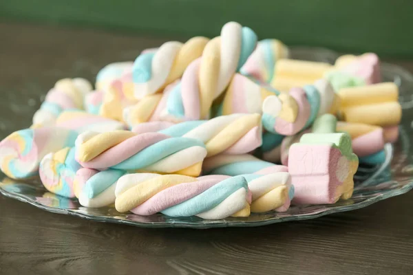 Plate Sweet Marshmallows Table Closeup — Stock Photo, Image