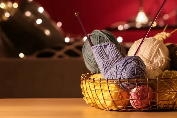 Basket Knitting Yarn Needles Wooden Table — Stock Photo, Image