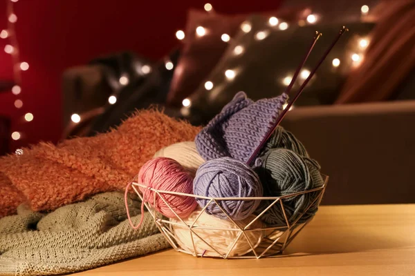 Basket Knitting Yarn Needles Wooden Table — Stock Photo, Image