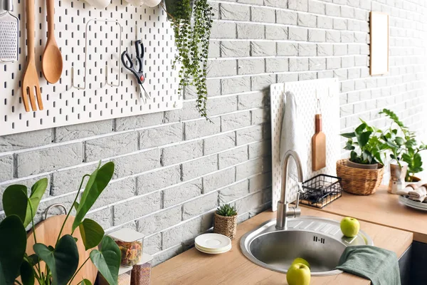 Pegboard Kitchenware Grey Brick Wall Modern Kitchen — Stock Photo, Image
