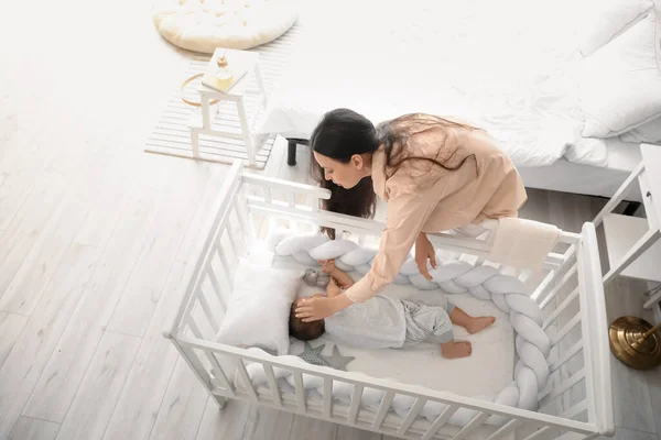 Young Mother Her Adorable Baby Sleeping Crib Home — Stock Photo, Image