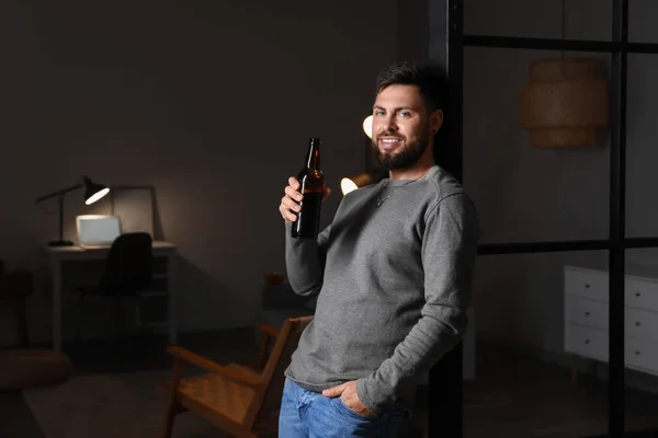 Young Bearded Man Bottle Beer Home Evening — Stock Photo, Image