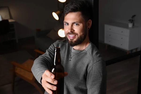 Young Bearded Man Bottle Beer Home Evening — Stock Photo, Image