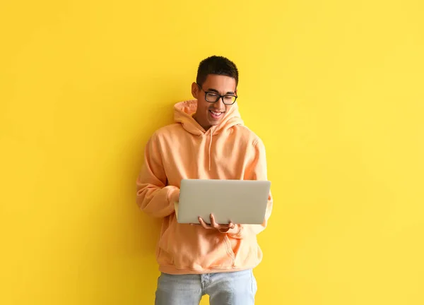 Handsome Young Man Eyeglasses Using Laptop Yellow Background — Stock Photo, Image