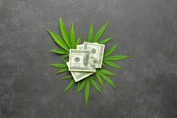 Cannabisblätter Und Dollarnoten Auf Schwarzem Hintergrund — Stockfoto