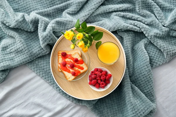 Tray Breakfast Flowers Soft Plaid — Stock Photo, Image