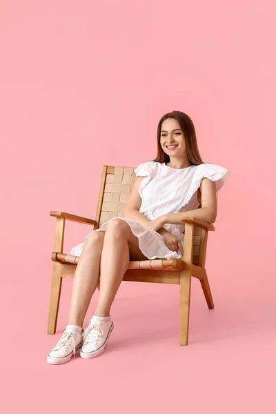 Pretty Young Woman Sitting Wooden Armchair Pink Background — Stock Photo, Image