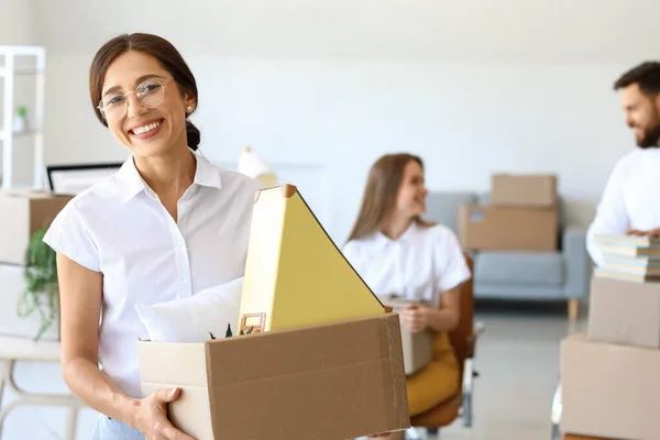 Beautiful Woman Holding Box Things Office Moving Day — Stock Photo, Image