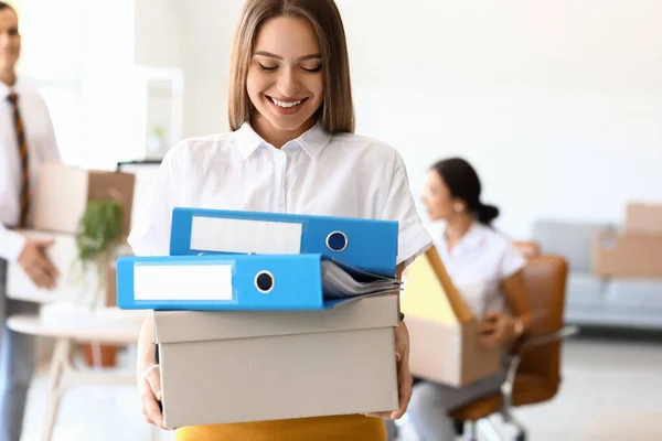 Young Woman Holding Box Folders Office Moving Day — Stock Photo, Image