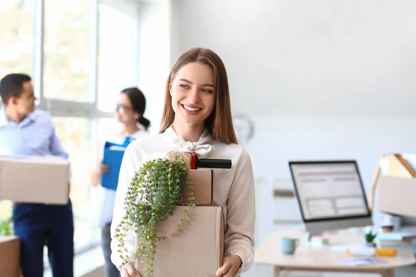 Beautiful Woman Holding Boxes Things Office Moving Day — Stock Photo, Image