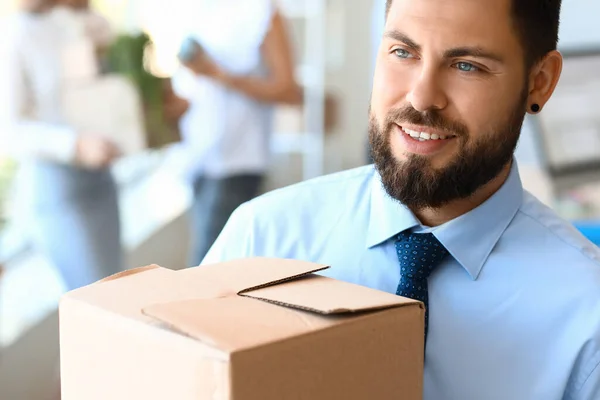 Handsome Man Holding Box Things Office Moving Day Closeup — Stock Photo, Image