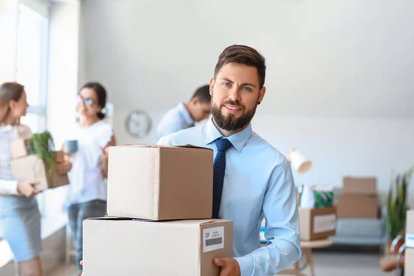 Handsome Man Holding Boxes Things Office Moving Day — Stock Photo, Image