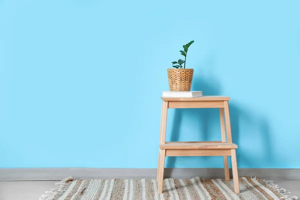 Wooden Step Stool Houseplant Book Blue Wall — Stock Photo, Image