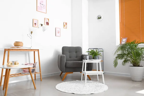 Interior Light Living Room Armchair White Step Stool — Stock Photo, Image