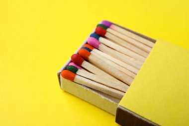 Sarı arka planda farklı kibrit çöpleri olan kutu, yakın plan