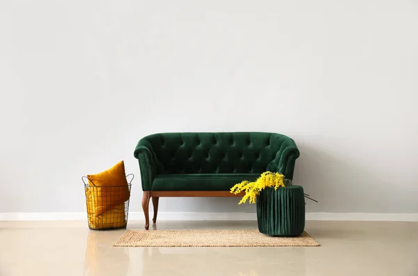绿色沙发 有花朵和篮子的书包 靠近轻墙 — 图库照片