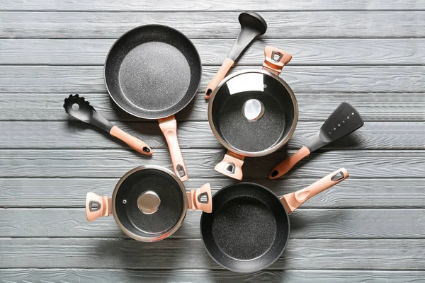 Set Kitchen Utensils Grey Wooden Background — Stock Photo, Image