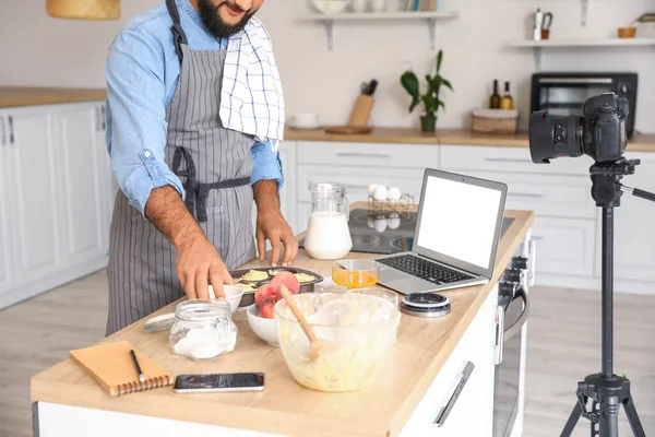 Handsome Man Preparing Peach Muffins Recording Video Tutorial Kitchen — Stock Photo, Image