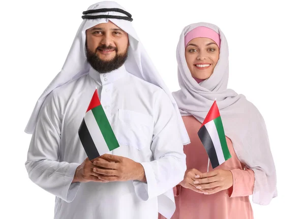 Pareja Ropa Tradicional Con Las Banderas Nacionales Emiratos Árabes Unidos — Foto de Stock