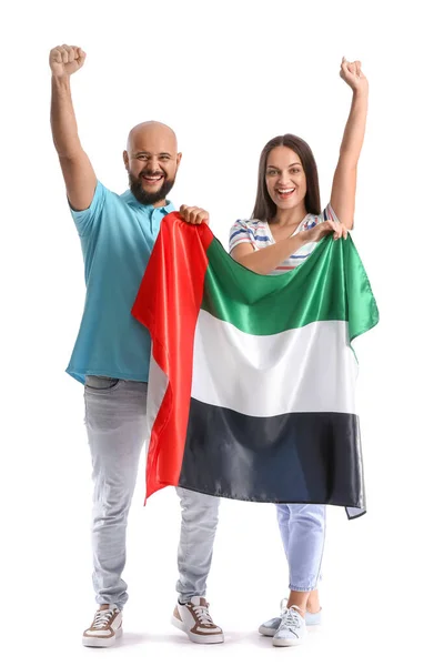 Paar Mit Der Nationalflagge Der Vae Auf Weißem Hintergrund — Stockfoto