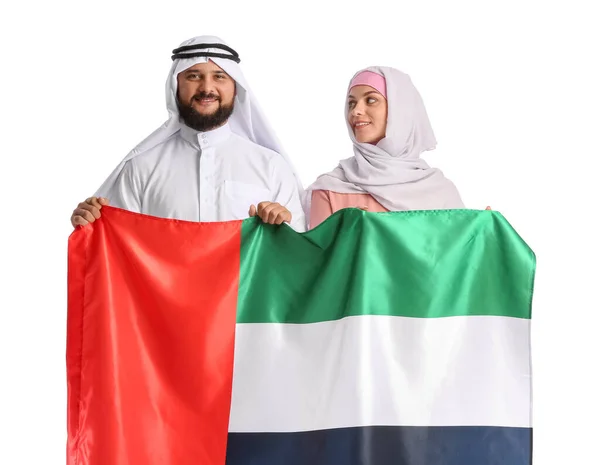 Pareja Ropa Tradicional Con Bandera Nacional Emiratos Árabes Unidos Sobre — Foto de Stock