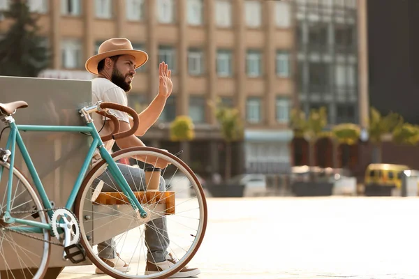 Handsome Bearded Man Bicycle Waving Hand City Square — Stock Photo, Image