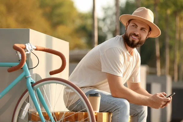 Handsome Bearded Man Bicycle Using Mobile Phone Outdoors — Stock Photo, Image