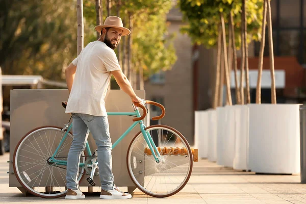 Handsome Bearded Man Bicycle Outdoors — Stock Photo, Image