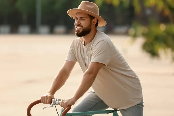 Handsome Bearded Man Riding Bicycle City Square — Stock Photo, Image