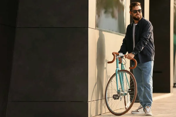 Stylish Bearded Man Bicycle City — Stock Photo, Image