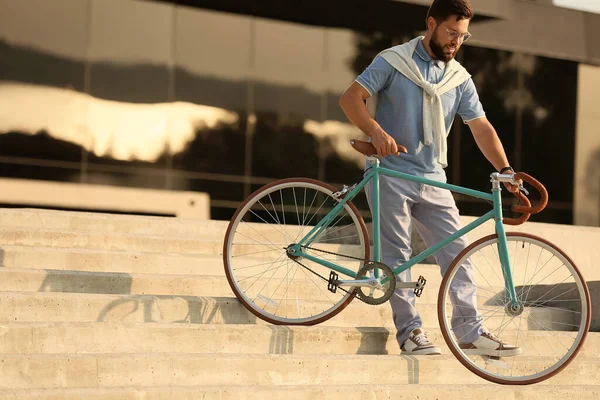 Handsome Bearded Man Bicycle Going Downstairs City — Stock Photo, Image