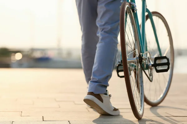 Young Man Bicycle Embankment Closeup — Stock Photo, Image