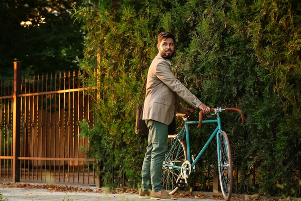 Young Bearded Businessman Bicycle City Street — Stock Photo, Image