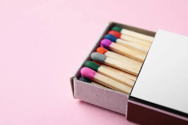 Box New Matchsticks Pink Background Closeup — Stock Photo, Image