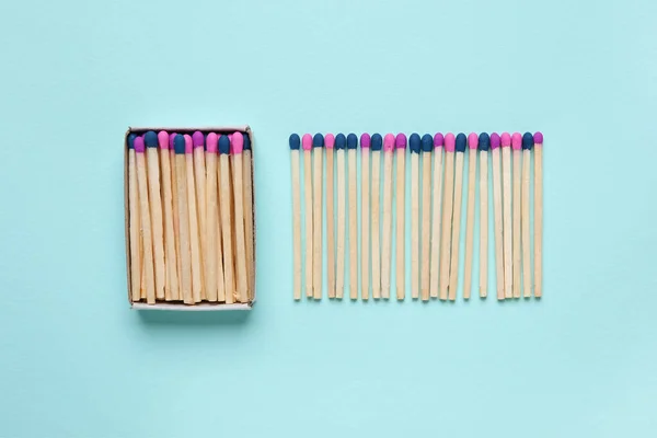 Box Different New Matchsticks Blue Background — Stock Photo, Image