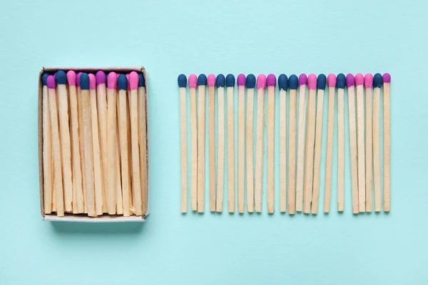 Box Different New Matchsticks Blue Background — Stock Photo, Image