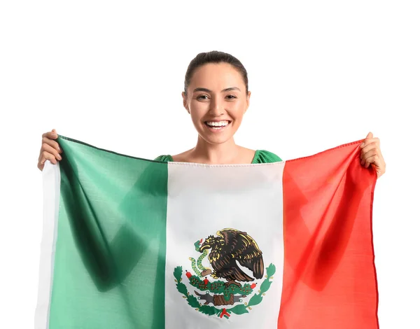 Hermosa Mujer Con Bandera Mexicana Sobre Fondo Blanco — Foto de Stock