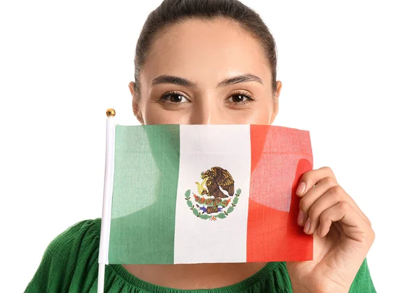 Mulher Bonita Com Bandeira Mexicana Fundo Branco — Fotografia de Stock