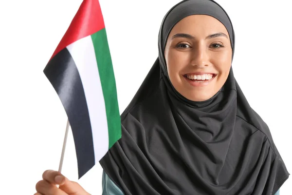 Young Muslim Woman Uae Flag White Background — Stock Photo, Image