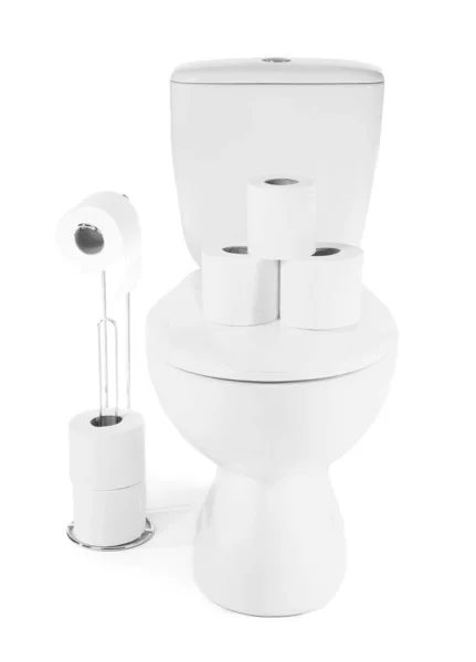 Houder Met Rollen Zacht Papier Toiletpot Witte Ondergrond — Stockfoto