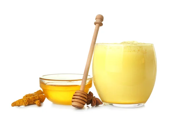 Glass Delicious Turmeric Latte Honey Star Anise White Background — Stock Photo, Image