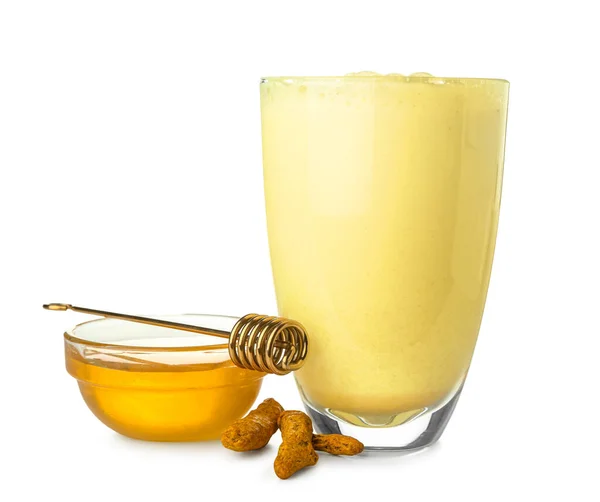 Glass Tasty Turmeric Latte Honey White Background — Stock Photo, Image