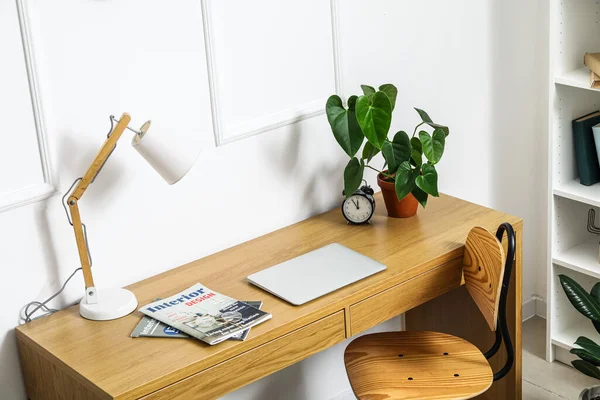 Modern Workplace Laptop Lamp Magazines Houseplants Light Wall — Stock Photo, Image