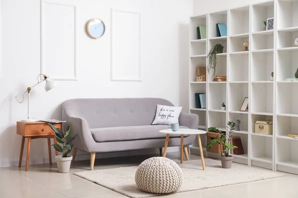 Interior Stylish Living Room Grey Sofa Shelving Unit — Stock Photo, Image