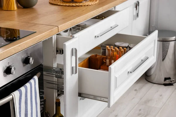 Opened Drawers Modern Kitchen — Stock Photo, Image