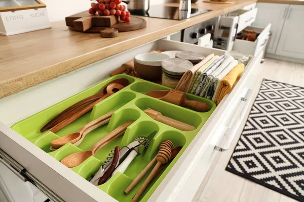 Set Different Kitchen Utensils Opened Drawers — Stock Photo, Image
