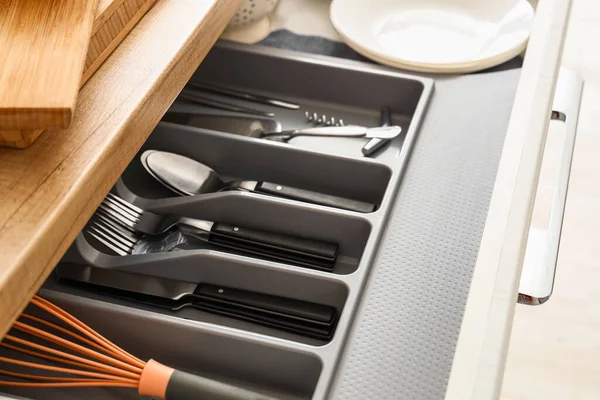 Opened Kitchen Drawer Whisk Cutlery Closeup — Stock Photo, Image